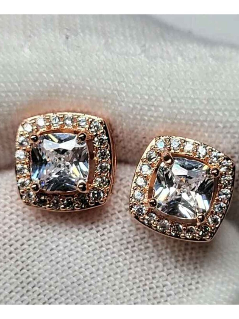 Rose gold color cubic zirconia square halo stud earrings